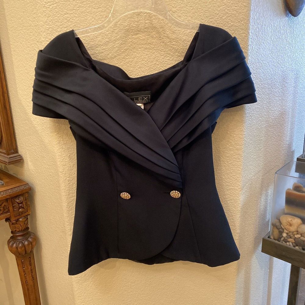 Alex Evenings Navy Off-Shoulder Blouse